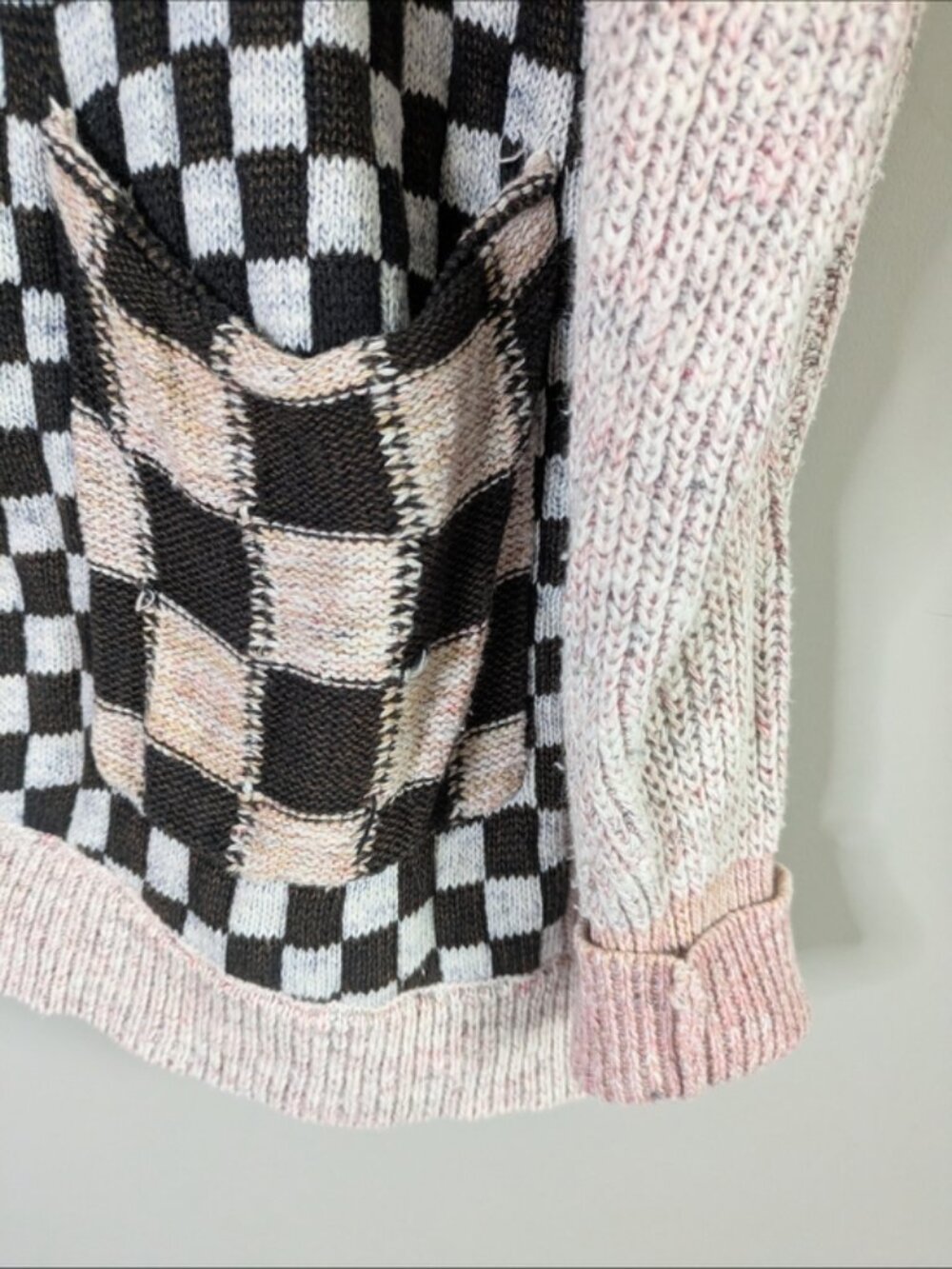Pilcro Multicolor Patchwork Checker Knit Cardigan in Tan, Black, Cream, Pink - Picture 5 of 8